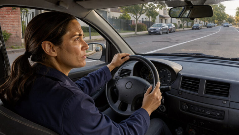 Une conductrice vérifie son rétroviseur et regarde par-dessus son épaule avant de changer de direction sur une route urbaine calme.