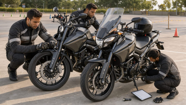 Un homme en tenue de motard vérifie attentivement les éléments de sécurité d’une moto avant le départ.