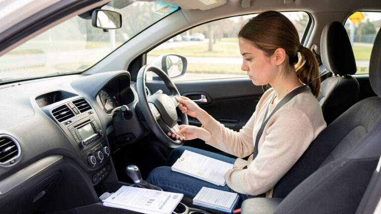 Jeune femme vérifiant méthodiquement les éléments essentiels d’une voiture avant une épreuve de conduite.