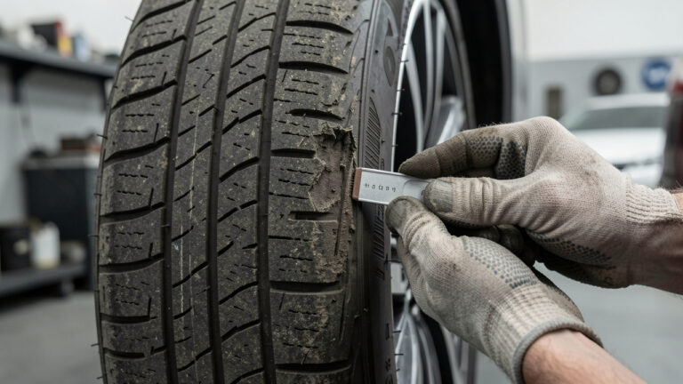 Gros plan sur un pneu de voiture dont les rainures sont vérifiées à l’aide d’une jauge de profondeur dans un atelier automobile.