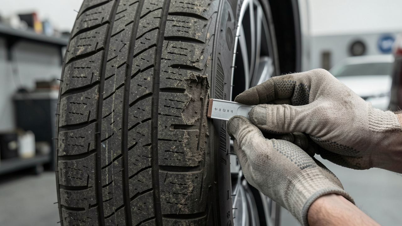 Gros plan sur un pneu de voiture dont les rainures sont vérifiées à l’aide d’une jauge de profondeur dans un atelier automobile.
