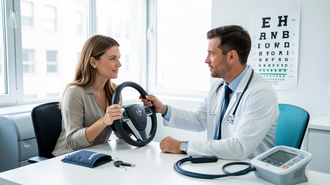 Une conductrice consulte un médecin dans une clinique moderne pour une évaluation médicale liée à la conduite.